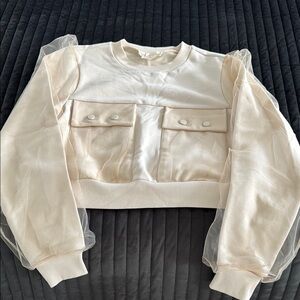 Anthropologie Cream Crop Top with Sheer Sleeves XS